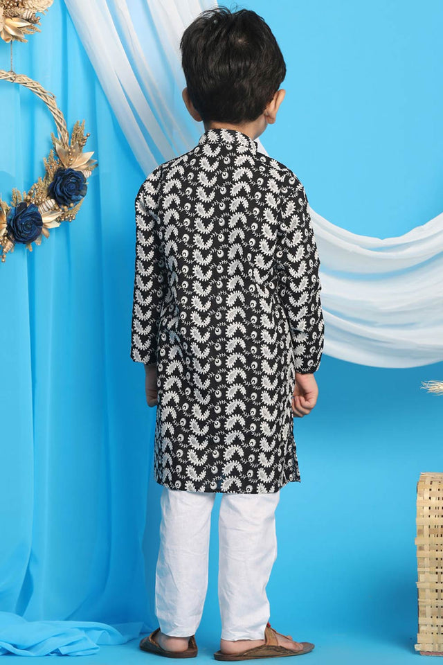Boys Black And White Kurta Pajama Set & Girls Chikankari Cotton Kurta And Leggings Set