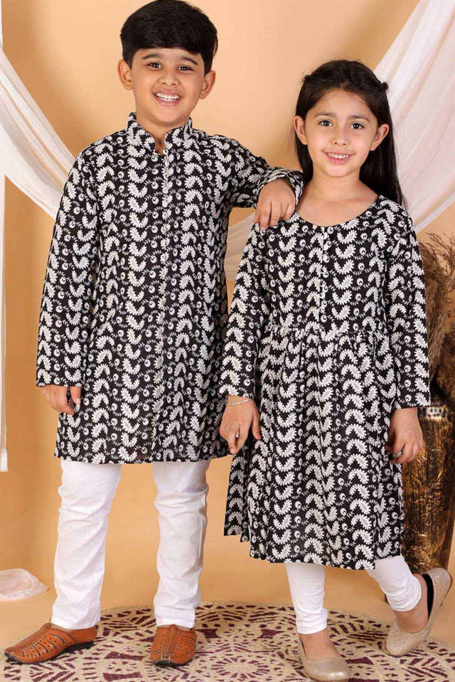 Boys Black And White Kurta Pajama Set & Girls Chikankari Cotton Kurta And Leggings Set