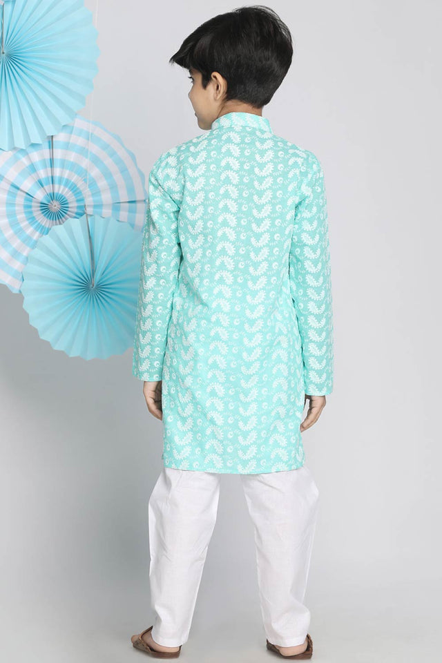 Boys Green And White Kurta Pajama Set & Girls Chikankari Cotton Kurta And Leggings Set