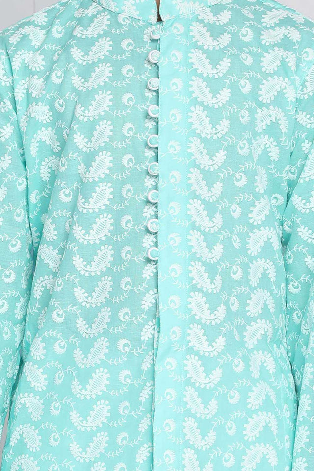 Boys Green And White Kurta Pajama Set & Girls Chikankari Cotton Kurta And Leggings Set