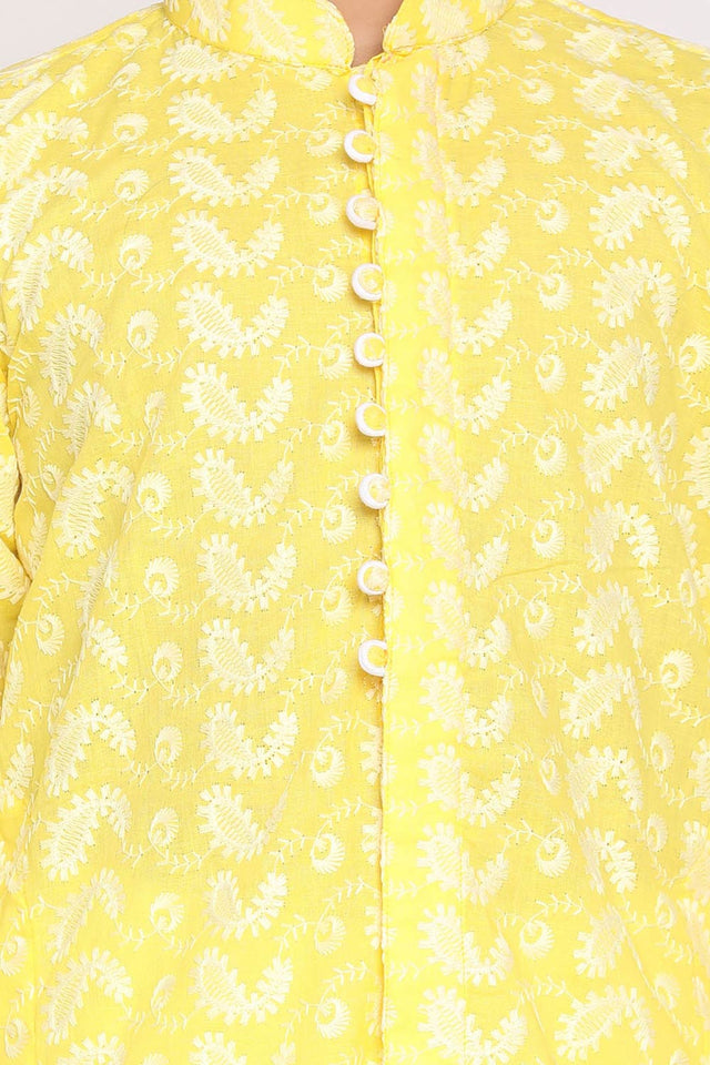 Boys Mustard And White Kurta Pajama Set & Girls Chikankari Cotton Kurta And Leggings Set