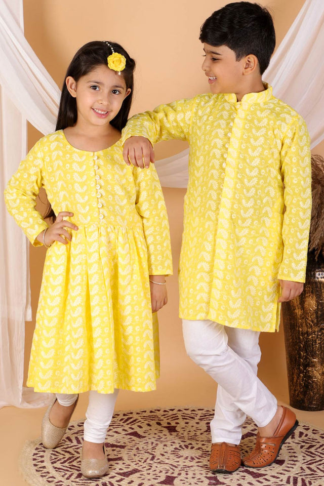 Boys Mustard And White Kurta Pajama Set & Girls Chikankari Cotton Kurta And Leggings Set