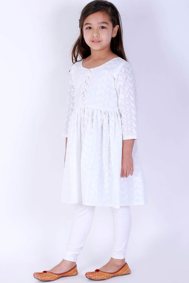 Boys White Cotton Kurta Pajama Set & Girls Chikankari Cotton Kurta And Leggings Set