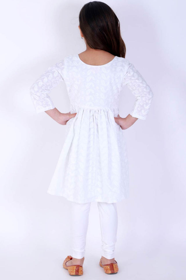 Boys White Cotton Kurta Pajama Set & Girls Chikankari Cotton Kurta And Leggings Set