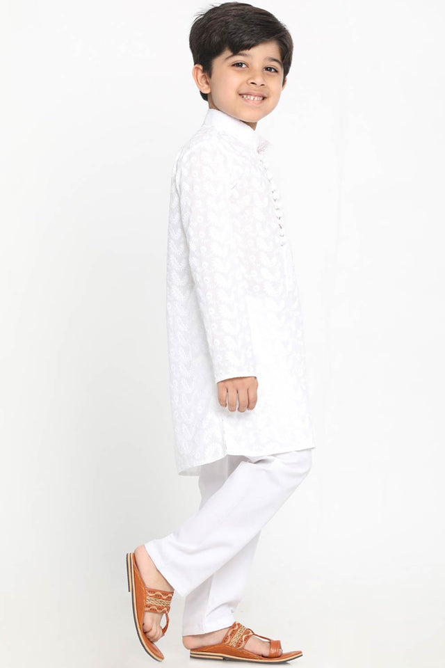 Boys White Cotton Kurta Pajama Set & Girls Chikankari Cotton Kurta And Leggings Set
