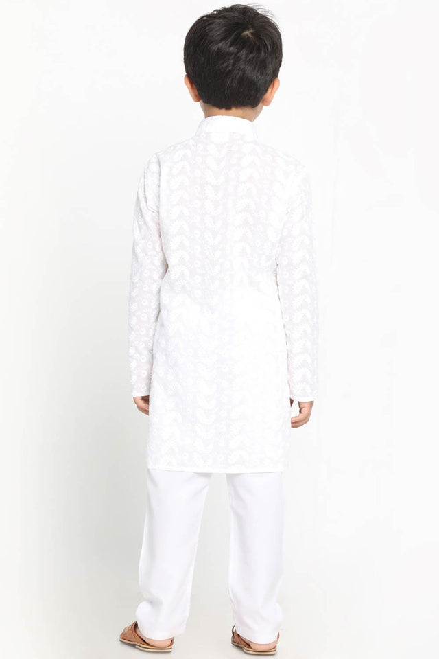 Boys White Cotton Kurta Pajama Set & Girls Chikankari Cotton Kurta And Leggings Set