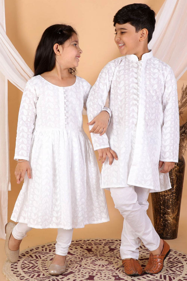 Boys White Cotton Kurta Pajama Set & Girls Chikankari Cotton Kurta And Leggings Set