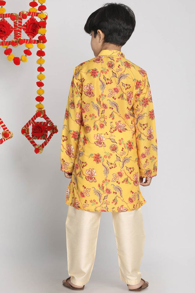 Boys Multicolor-Mustard And Cream Kurta Pajama Set & Girls Yellow And Maroon Anarkali And Dupatta Set