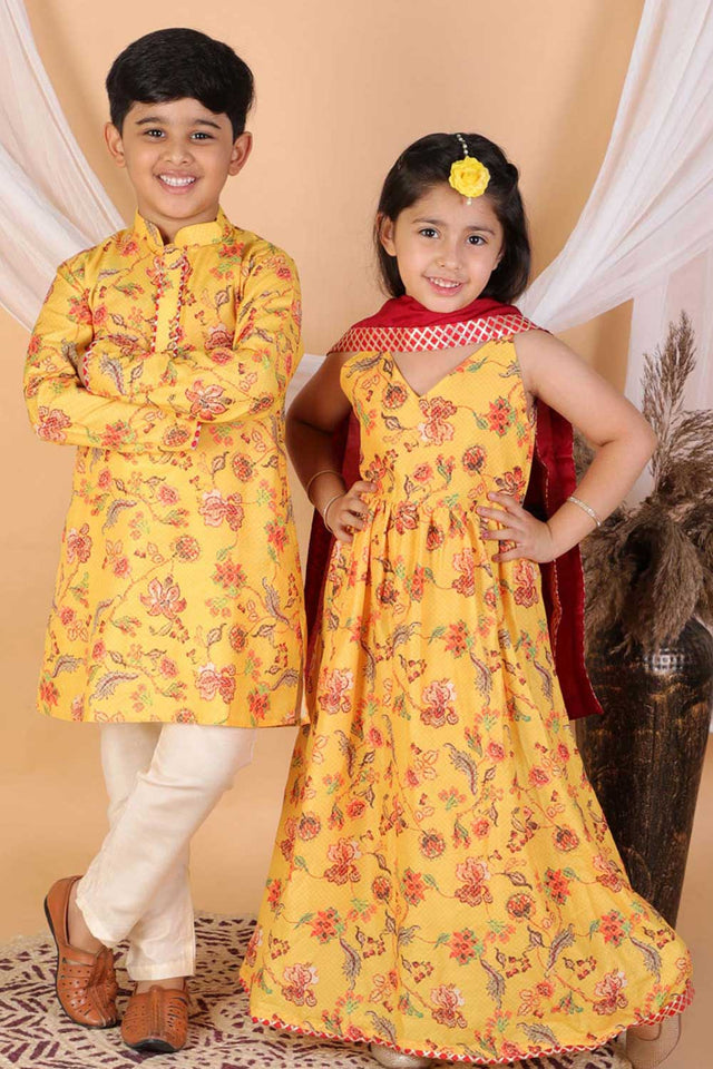 Boys Multicolor-Mustard And Cream Kurta Pajama Set & Girls Yellow And Maroon Anarkali And Dupatta Set