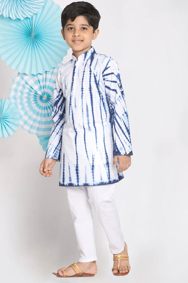 Boys Blue And White Kurta Pajama Set & Girls Blue And White Kurta, Leggings & Dupatta Set