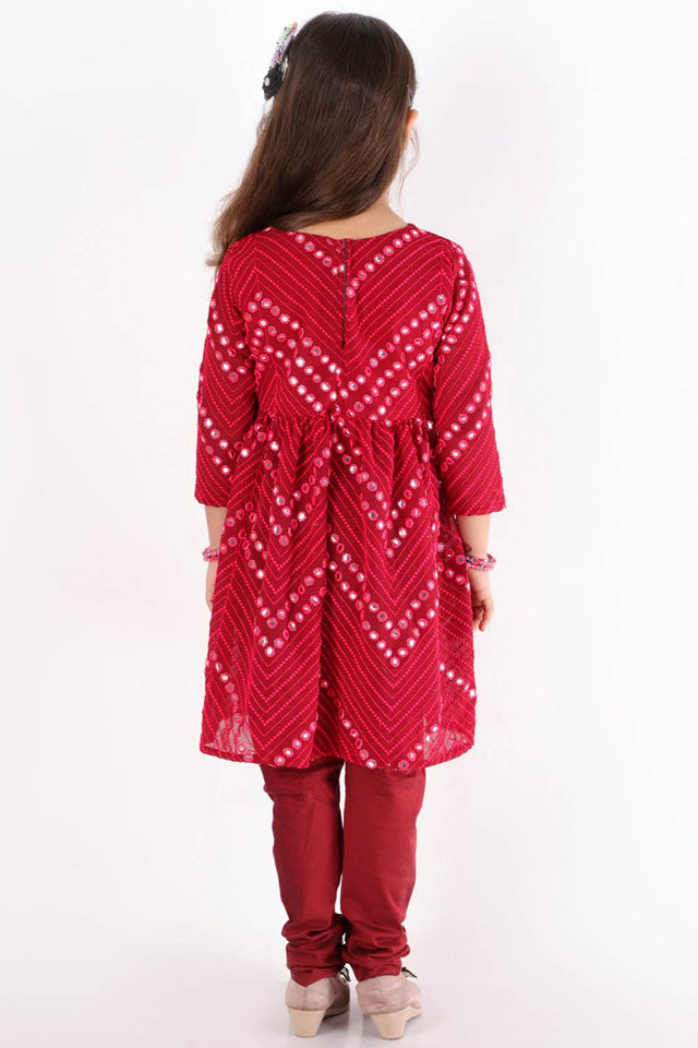 Boys Maroon Mirror Work Kurta And Pajama And Girls Mirror Work Georgette Kurta And Churidar Set