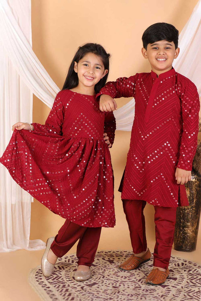 Boys Maroon Mirror Work Kurta And Pajama And Girls Mirror Work Georgette Kurta And Churidar Set