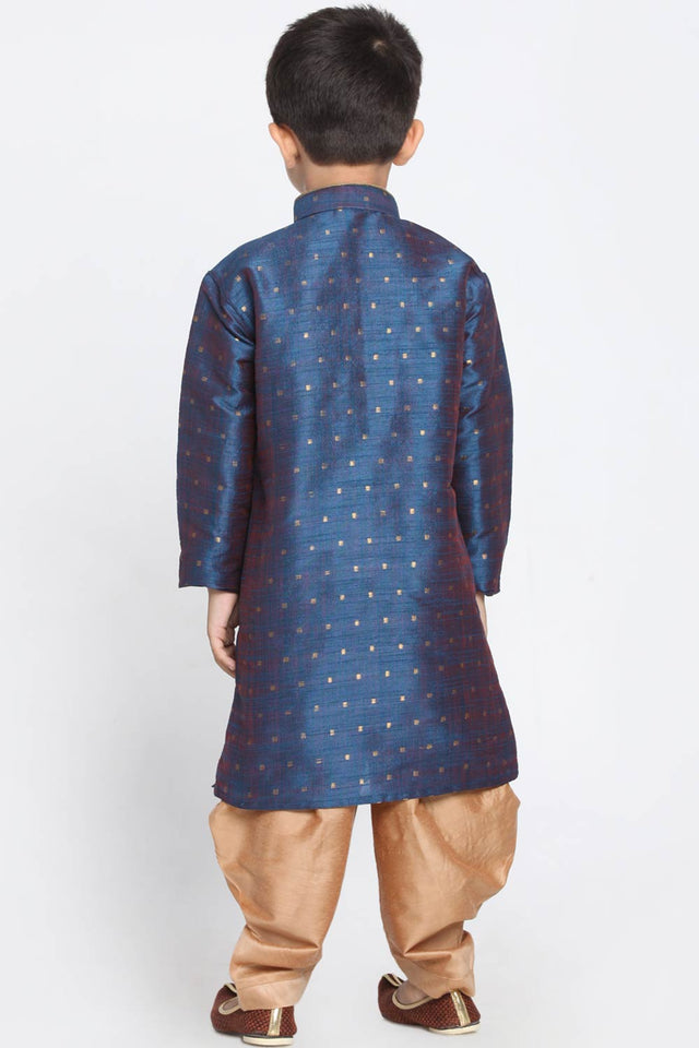 Boys Blue And Gold Silk Blend Kurta And Dhoti Set & Girls Jacquard Kurta With Sharara Set