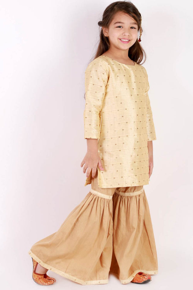 Boys Gold Silk Blend Kurta Pajama Set & Girls Jacquard Kurta With Sharara Set