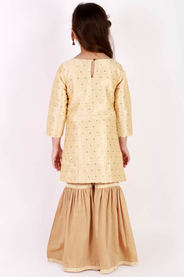 Boys Gold Silk Blend Kurta Pajama Set & Girls Jacquard Kurta With Sharara Set