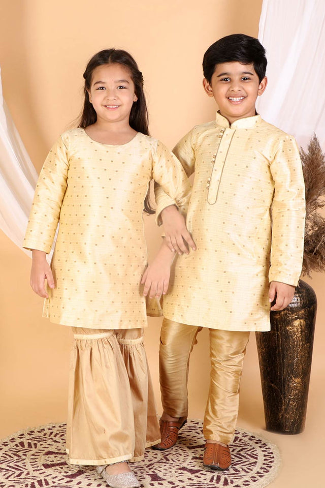 Boys Gold Silk Blend Kurta Pajama Set & Girls Jacquard Kurta With Sharara Set