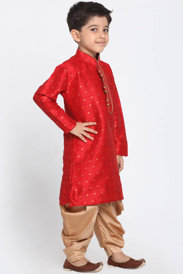 Boys Maroon And Rose Gold Silk Blend Kurta And Dhoti Set & Girls Jacquard Kurta With Sharara Set