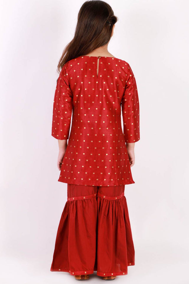 Boys Maroon And Rose Gold Silk Blend Kurta Pajama Set & Girls Jacquard Kurta With Sharara Set