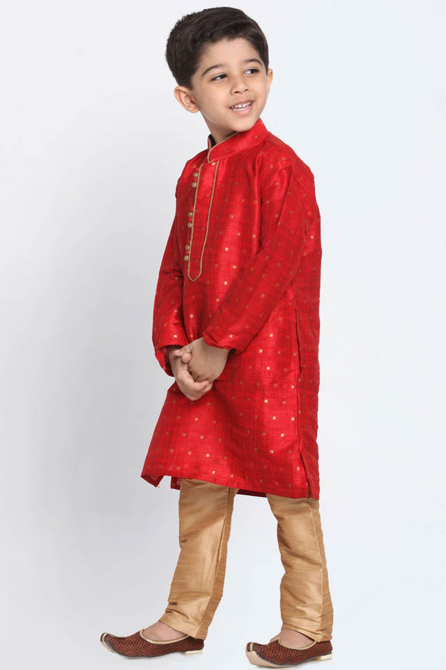 Boys Maroon And Rose Gold Silk Blend Kurta Pajama Set & Girls Jacquard Kurta With Sharara Set