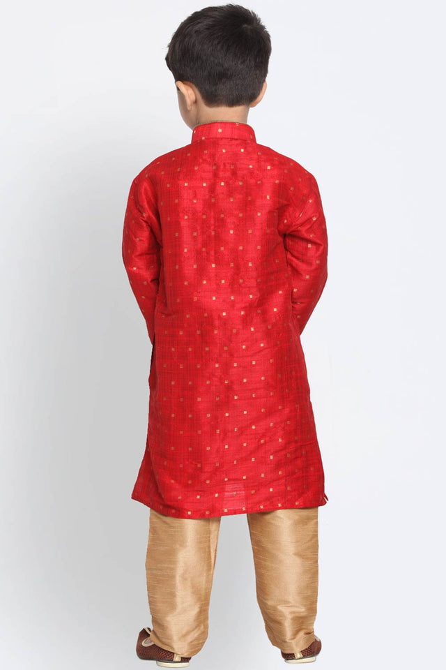 Boys Maroon And Rose Gold Silk Blend Kurta Pajama Set & Girls Jacquard Kurta With Sharara Set