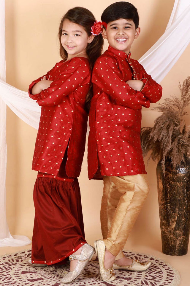Boys Maroon And Rose Gold Silk Blend Kurta Pajama Set & Girls Jacquard Kurta With Sharara Set