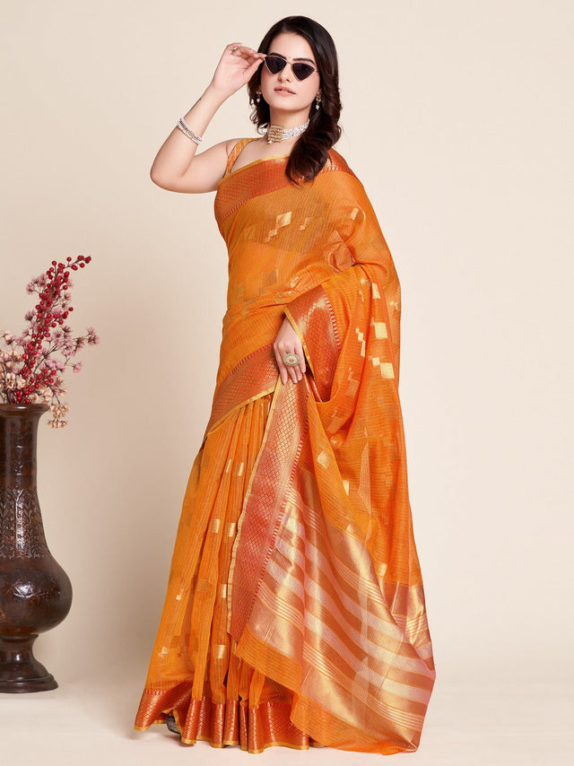 Yellow Kota Doriya(Semi Cotton) Doriya Saree