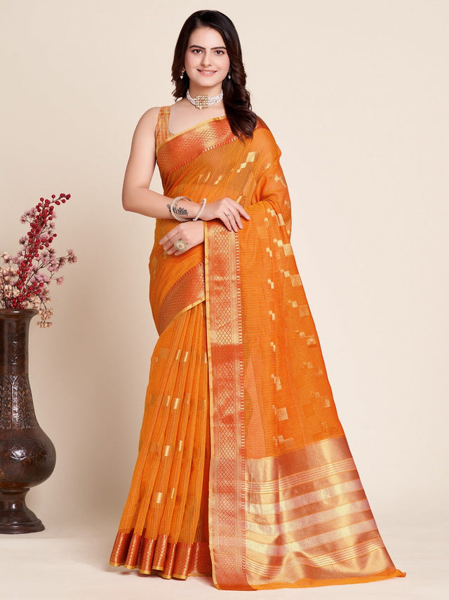 Yellow Kota Doriya(Semi Cotton) Doriya Saree