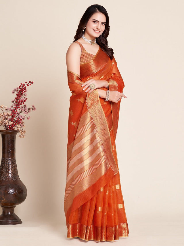 Orange Kota Doriya(Semi Cotton) Doriya Saree