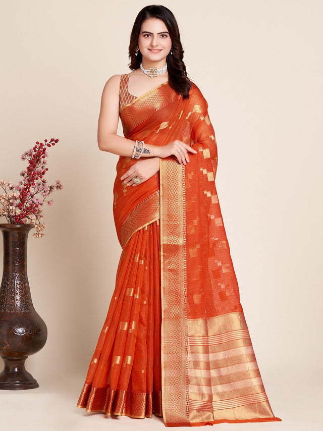Orange Kota Doriya(Semi Cotton) Doriya Saree