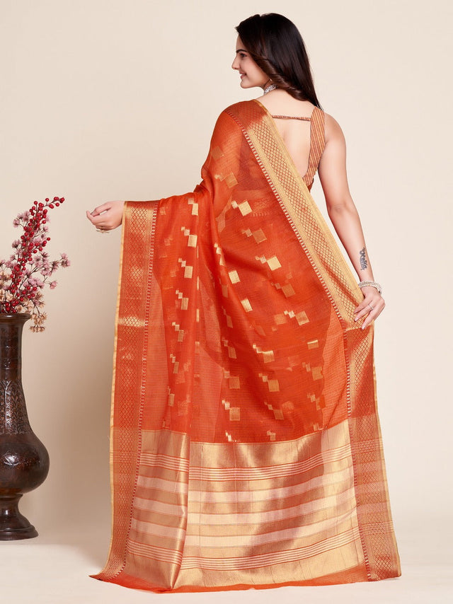 Orange Kota Doriya(Semi Cotton) Doriya Saree