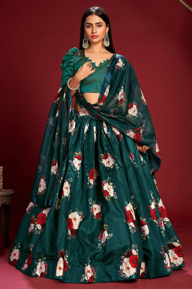 Teal Banglory Silk Print Lehenga Choli