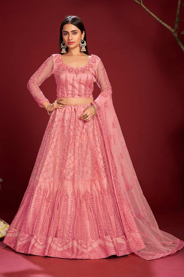 Pink Net Embroidered Lehenga Choli