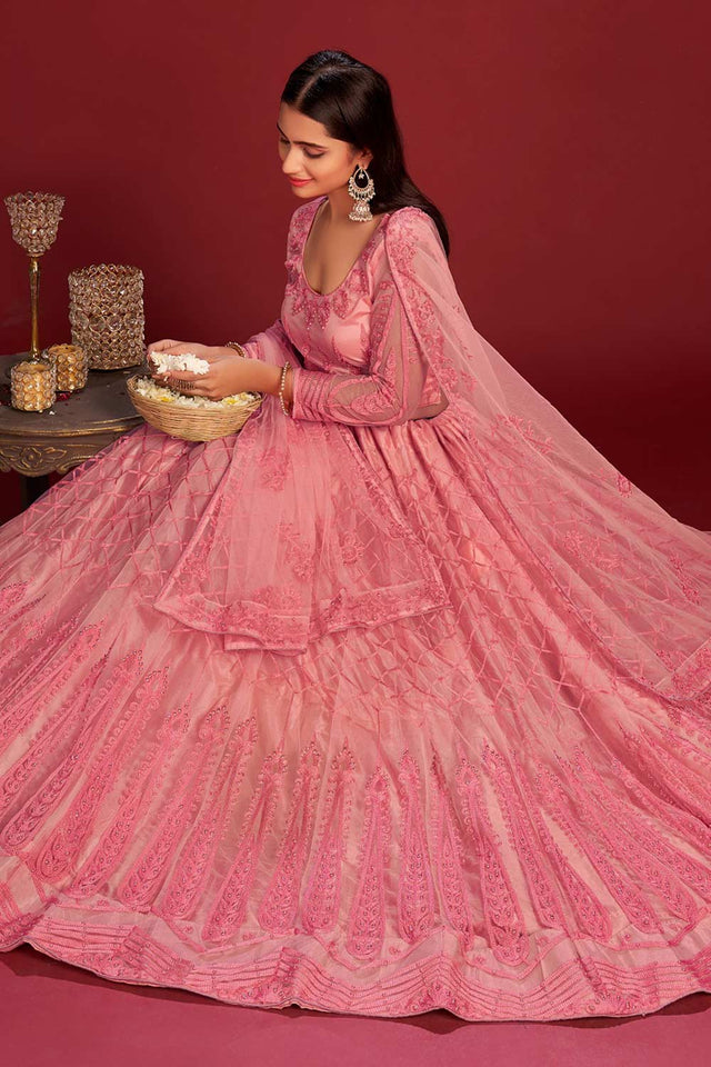 Pink Net Embroidered Lehenga Choli