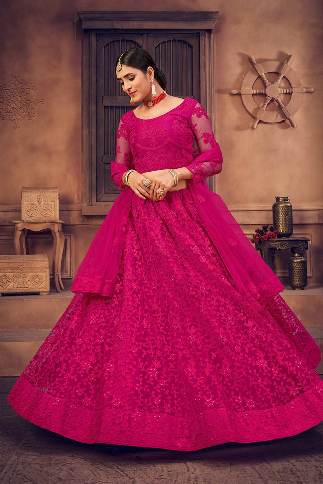 Pink Net Embroidered Lehenga Choli