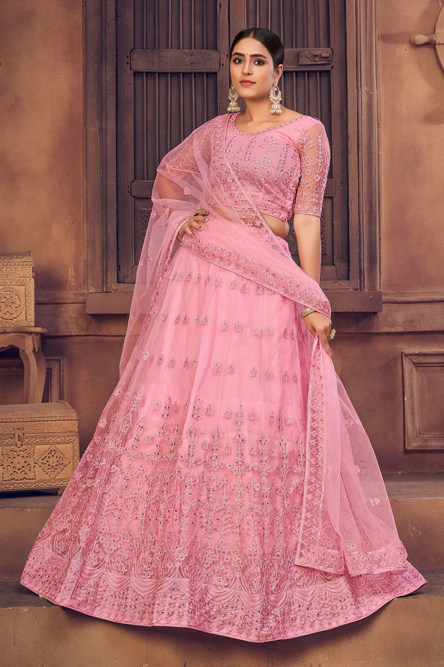 Pink Net Embroidered Lehenga Choli