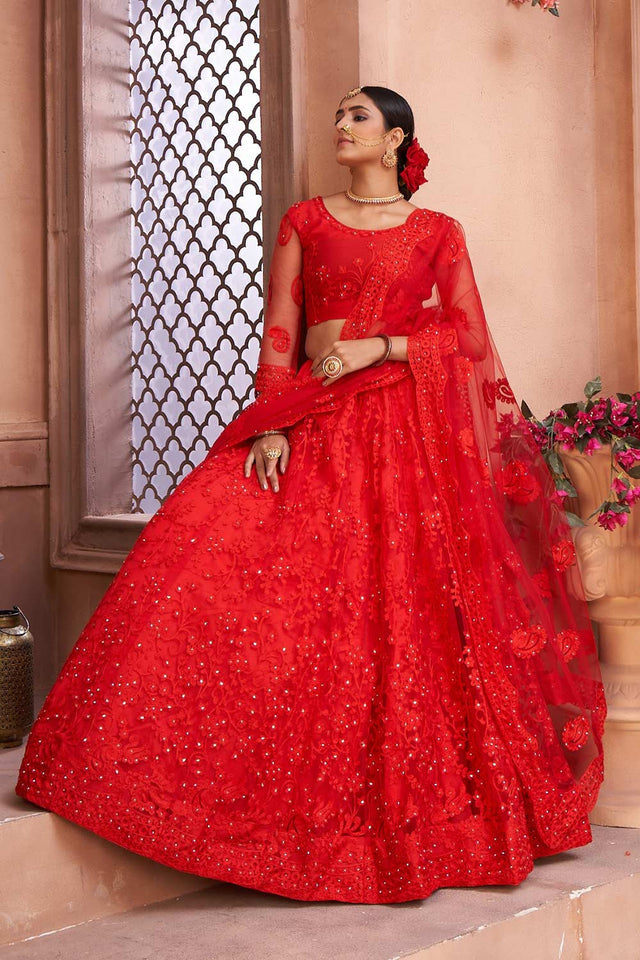 Red Net Embroidered Lehenga Choli