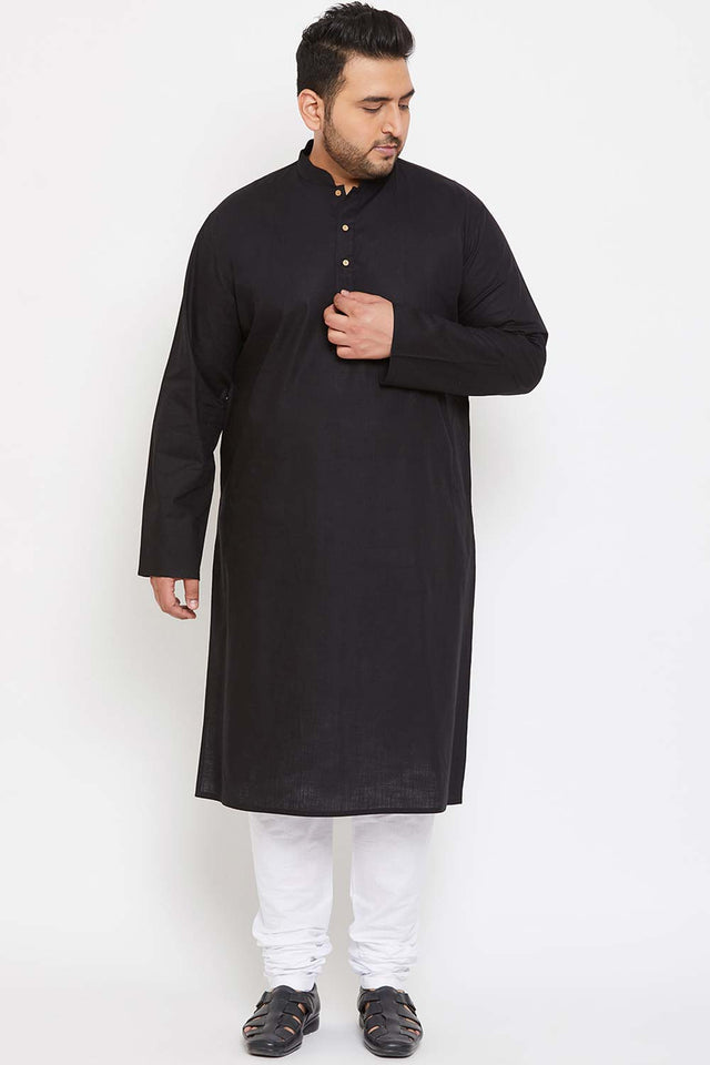 Buy Men's Cotton Blend Solid Kurta in Black - Zoom Out