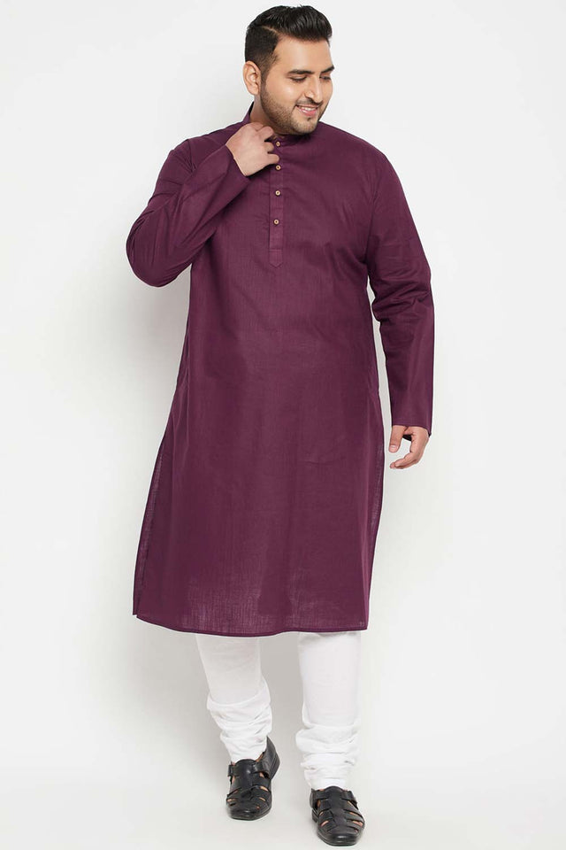 Buy Men's Cotton Blend Solid Kurta Set in Purple - Front