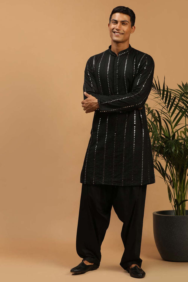 Buy Men's Black Viscose Mirror Work Embroidered Pathani Set Online
