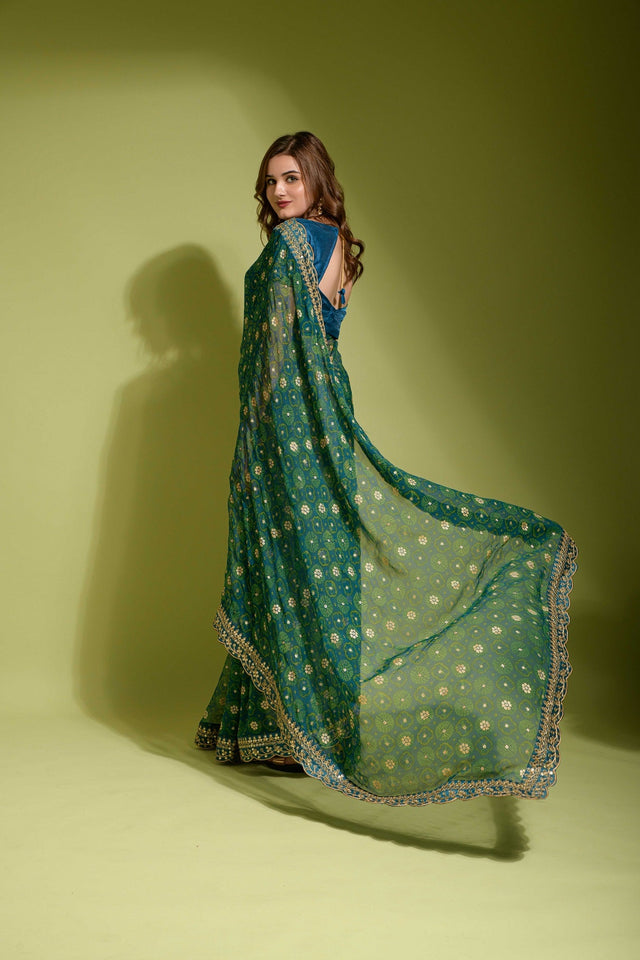 Dark Green Georgette Foil Saree (N2ZWHOLEFABVALLEYDARKGREEN)