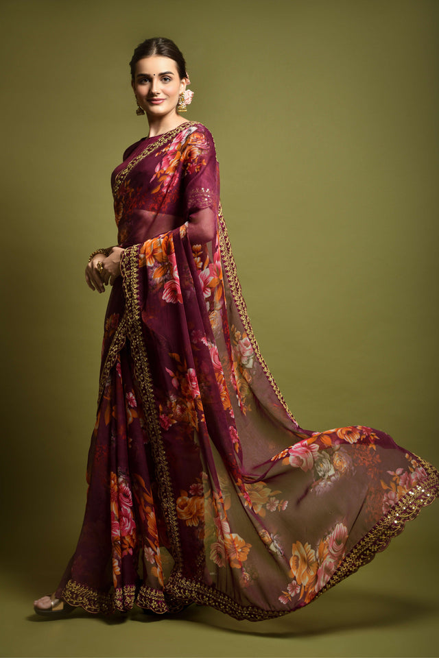 Wine Georgette Wine Saree (N2ZWOLEFABVALLET2018E)