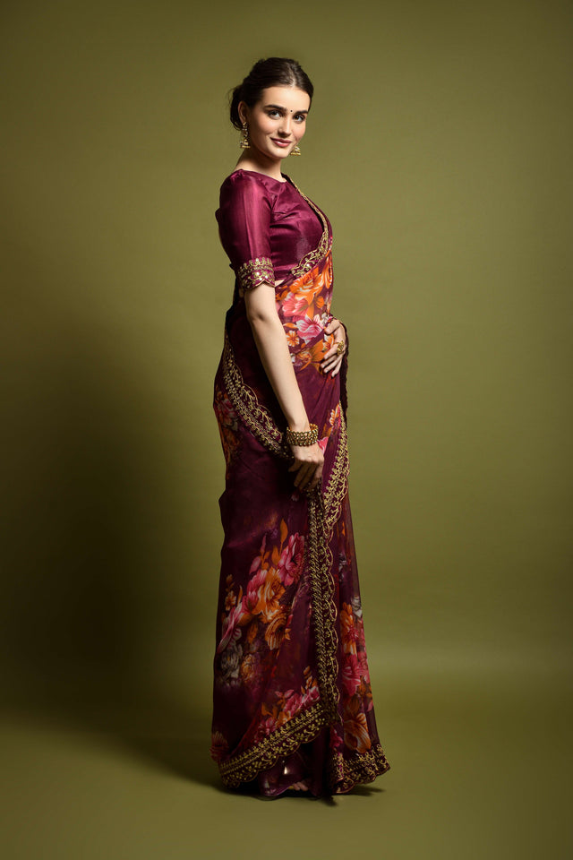 Wine Georgette Wine Saree (N2ZWOLEFABVALLET2018E)