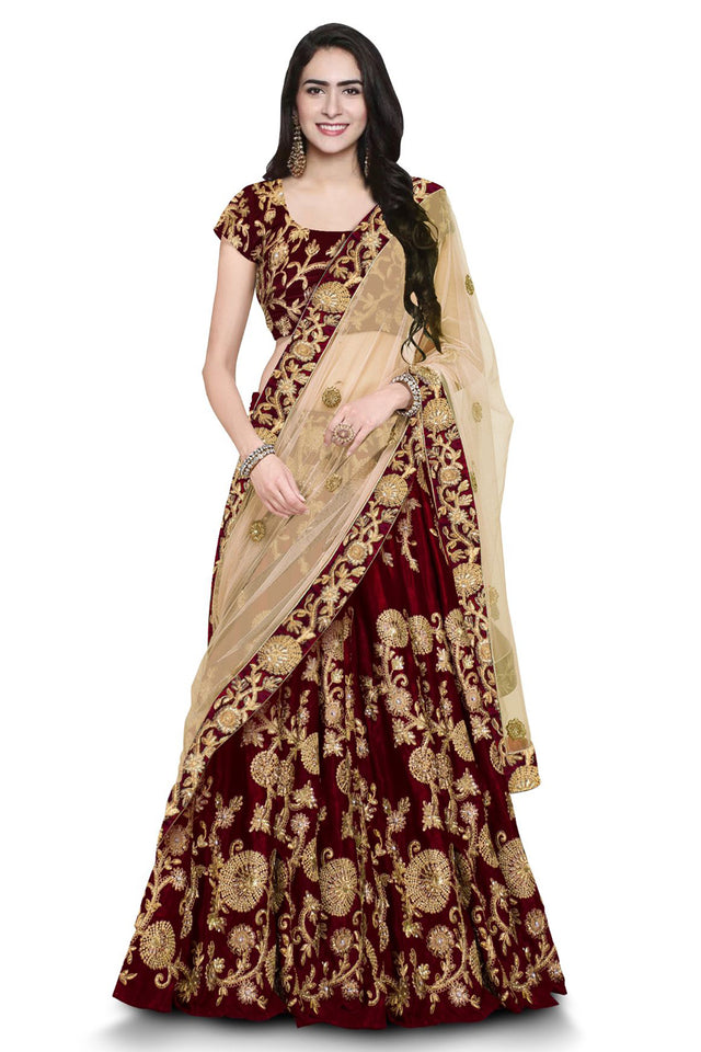 Velvet Embroidered Lehenga Choli In Maroon