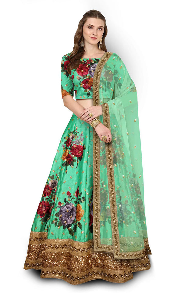 Art Silk Embroidered Lehenga Choli In Green