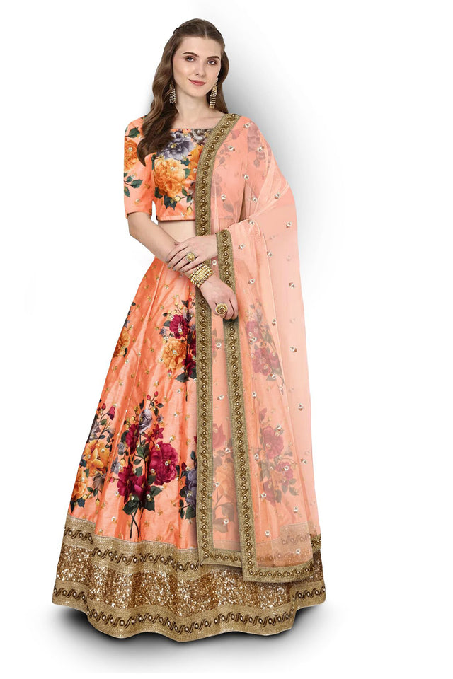 Art Silk Embroidered Lehenga Choli In Peach