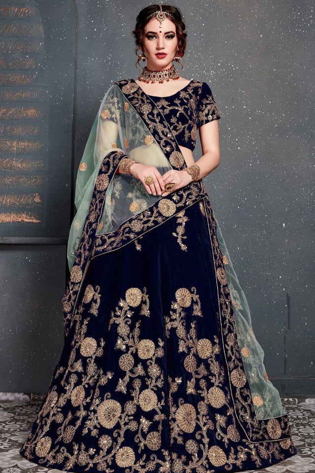 Velvet Embroidered Lehenga Choli In Navy Blue
