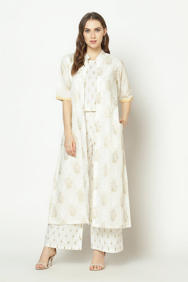 Buy Blended Cotton Ikat Top Set in White