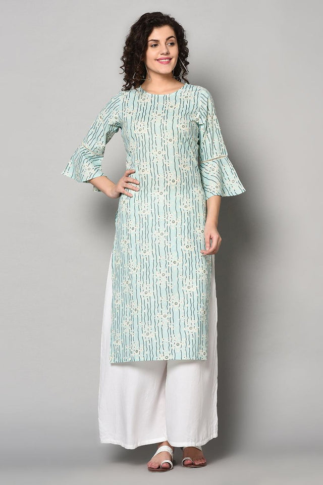 Buy Blended Cotton Stripes Kurti in Sky Blue