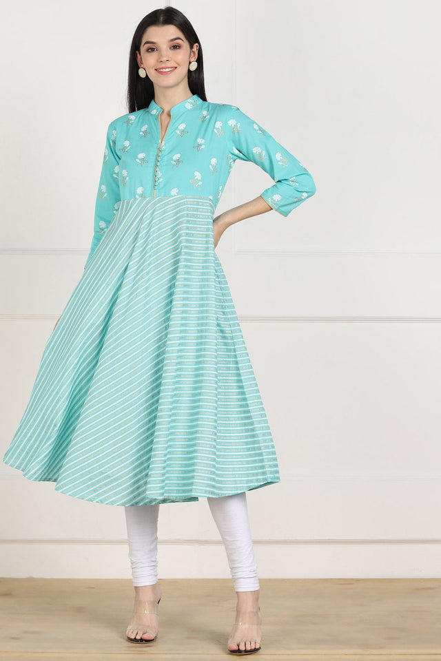 Buy Blended Cotton Stripes Kurti in Blue