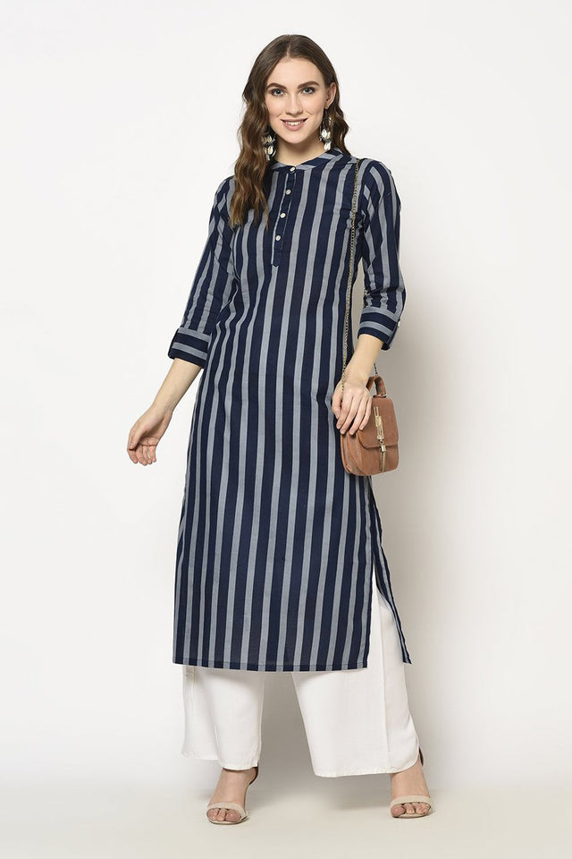 Buy Blended Cotton Stripes Kurti in Blue